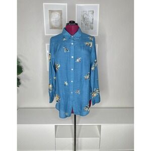Fig & Flower Shirt Women's L Embroidered Floral Boho Paisley Turquoise Roll Tap